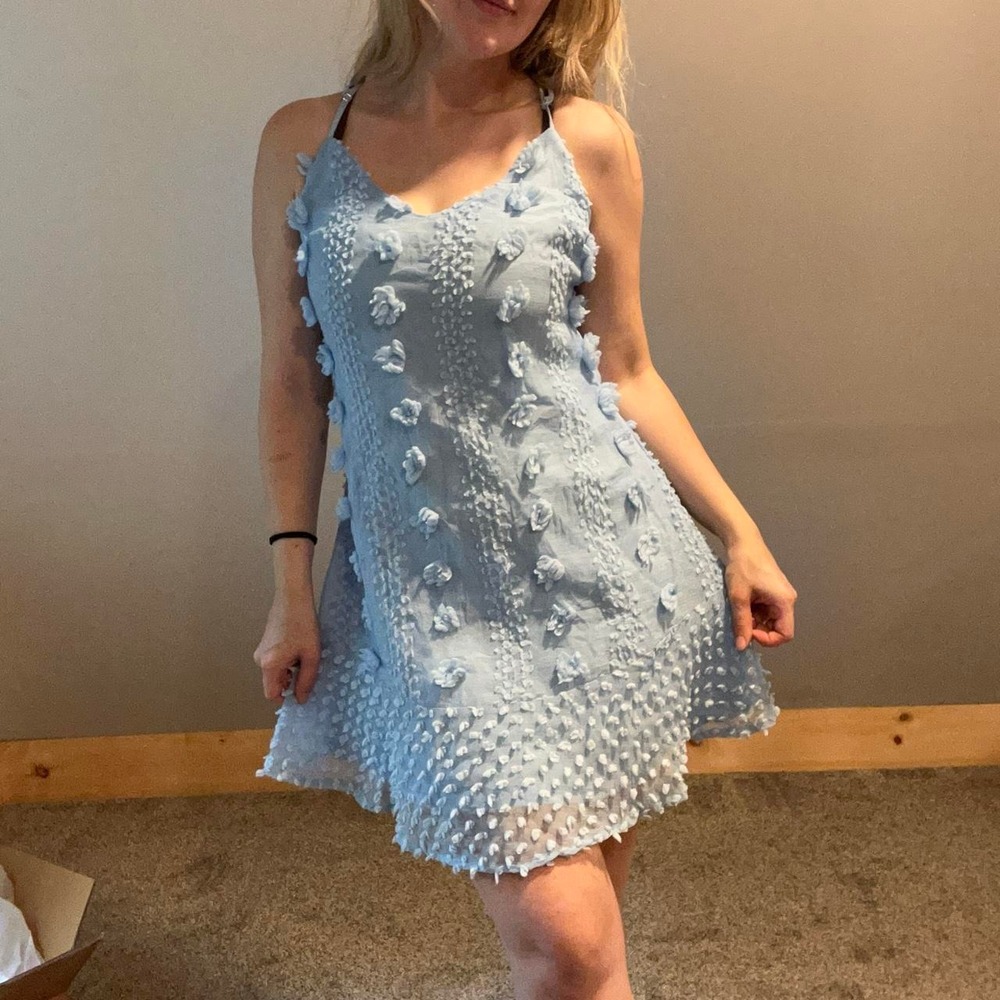 2000s inspired fairycore blue floral mini dress with 3D floral appliqués, size L